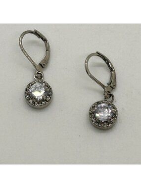 Cubic Zirconia Leverback Earrings Silver-Tone Dangle Round Clear Drop